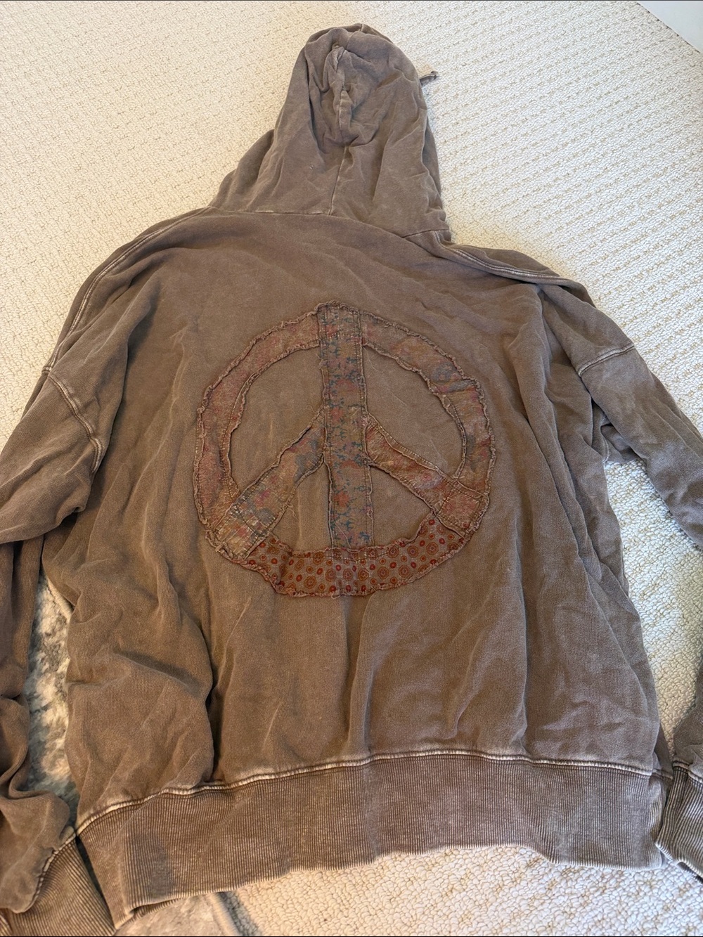 Three Bird Nest Brown Hooded Sweatshirt with Applique Peace Emblem